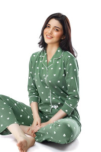 ZEYO Women's Cotton Heart Printed Night Suit Set of Shirt & Pyjama 5274